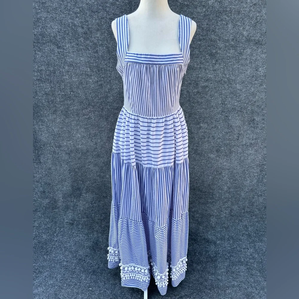 CK Bradley Blue White Striped Tiered Maxi Dress
Pockets Pompoms Medium flaw - Picture 13 of 15